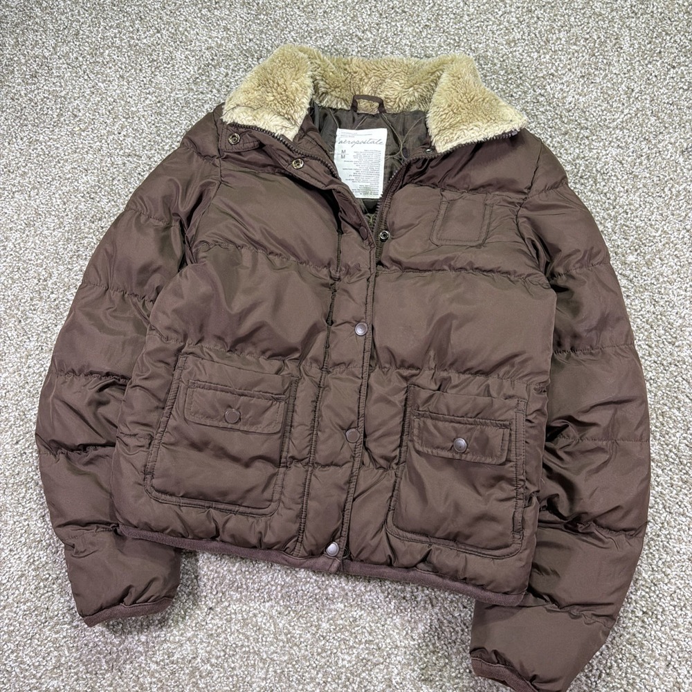 Y2K Aeropostale Brown Puffer Jacket ZIPUP Fur Trim Medium Essentials